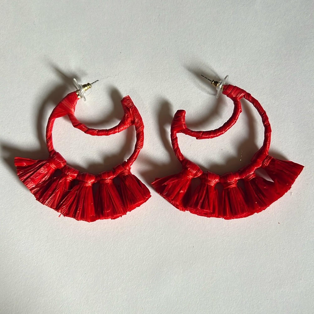 Red Crescent shape earrings with paper tassel details